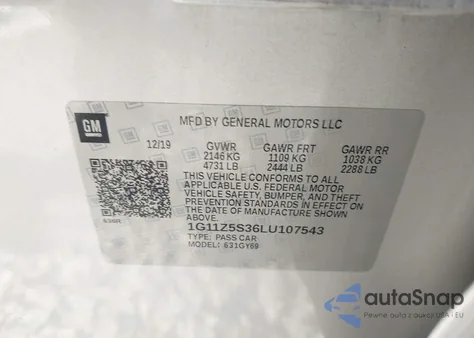 2020 Chevrolet Impala Fwd Lt из США, поврежденный, VIN 1G11Z5S36LU107543